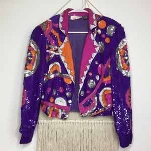 Cache Vintage Purple Orange Sequin Blazer